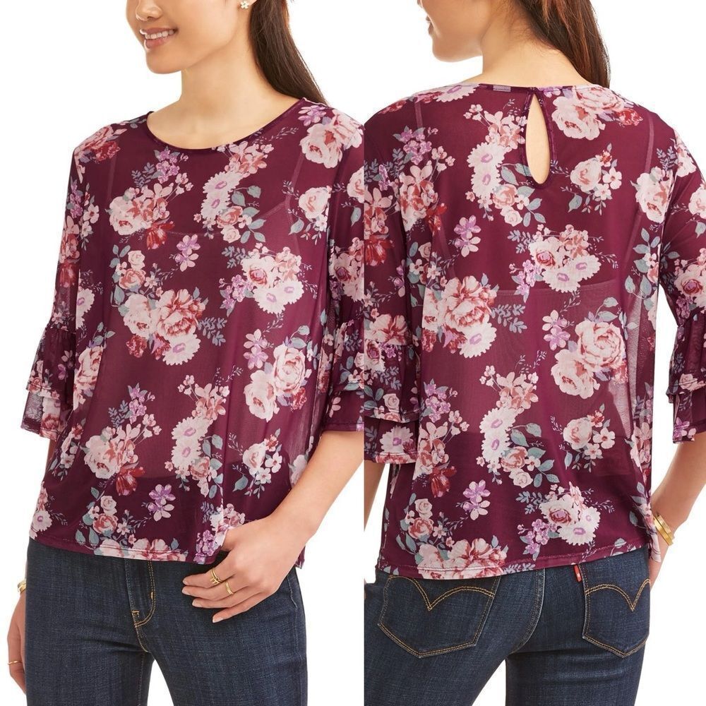 No Boundaries burgundy red Floral Mesh bell Ruffle Sleeve Blouse sheer whimsy M